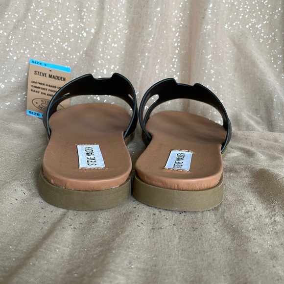 Brand New Steve Madden Genuine Leather H-Band Black Comfortable Slides Sandals - Picture 8 of 11